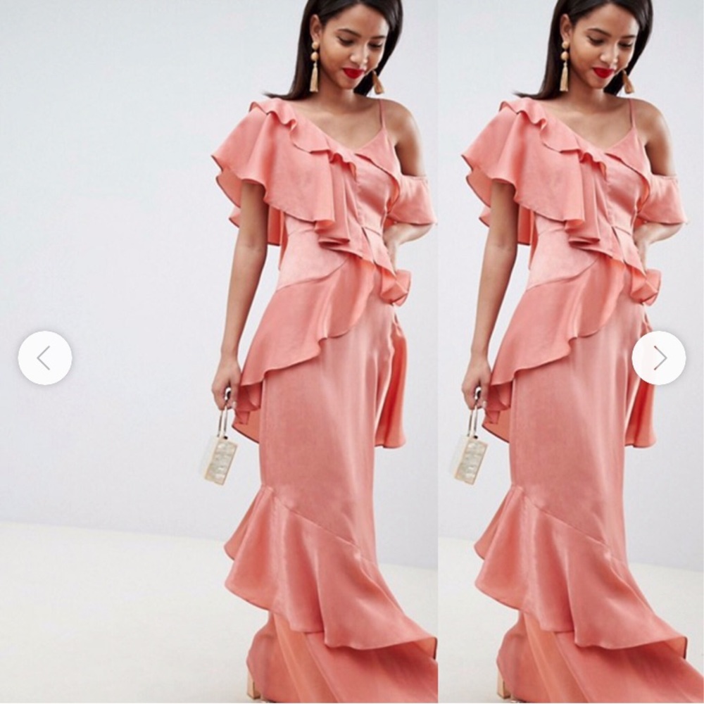 NWT coral asos asymmetrical tiered ruffle dress